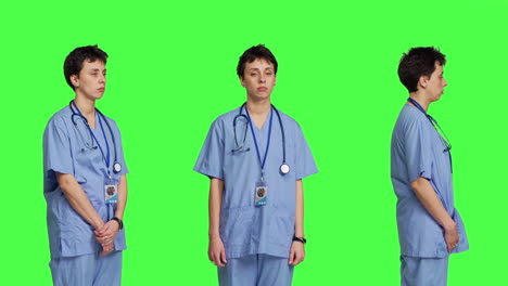 Unzufriedene-Krankenschwester-Sagt-Nein-Und-Seufzt-Vor-Greenscreen-Hintergrund